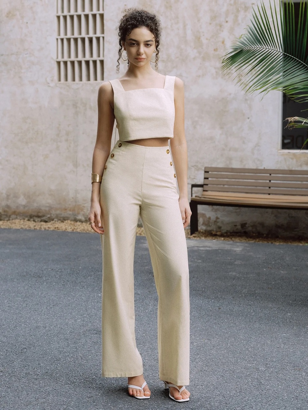 179 Cotton & Linen Button Decor Tank Top With Straight Leg Pants Set